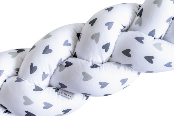 Loolay Nestchenschlange Geflochtenes Kissen Zierkissen Dekokissen Bettumrandung HERZ Grau Weiß, (Zugluftstopper Zugluft Schlange Wickeltischumrandung Babybett Kinderzimmer Schutz, Wohndeko Bettschlange 100 150 200 300 400 cm & Länge auf Anfrage), Zuglu...