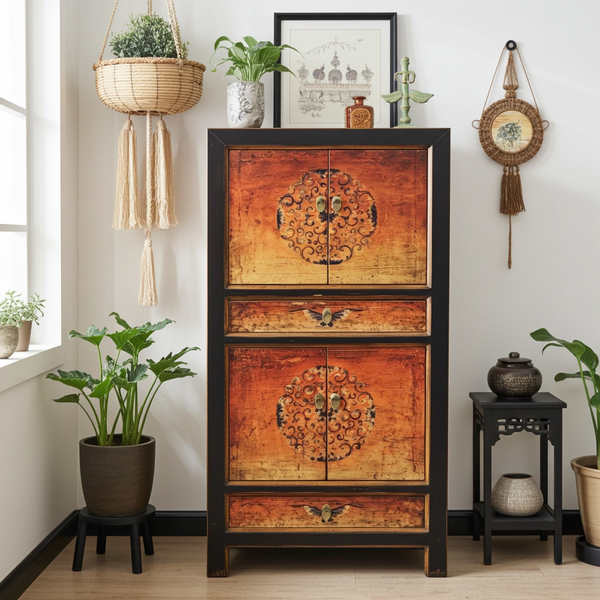 Chinesischer Vintage Schrank Gelb Orange Kommode Sideboard Kolonial-Stil Antik-Stil Lowboard asiatisch orientalisch Fernost shabby-chic Landhaus