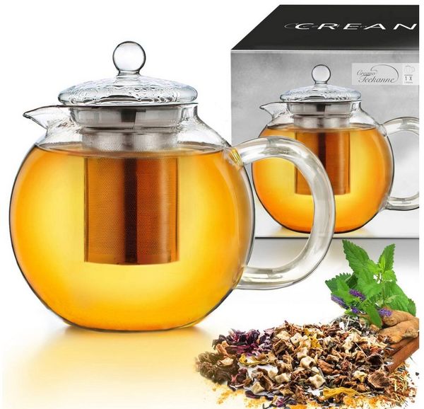 Creano Teekanne Creano Teekanne aus Glas 1,3l, 3-Teilige Glasteekanne mit Integriertem, (1er-Set, 2-St), tropffrei