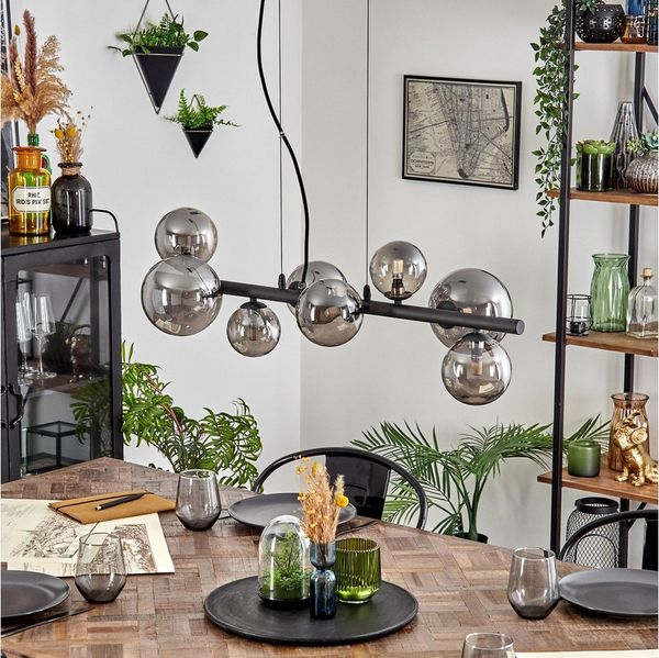 hofstein Pendelleuchte Hängelampe aus Metall/Glas in Schwarz/Rauchfarben, ohne Leuchtmittel, Hängeleuchte im Retro/Vintage-Design mit Glasschirmen, 8 x G9