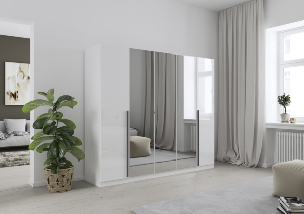 rauch Kleiderschrank Alba, Drehtürenschrank, Garderobenschrank, 5-türig, mit Spiegel, mit 3 Kleiderstangen und 3 Einlegeböden, Farbe Hochglanz Weiß/Weiß, Griffstange Grau metallic, Schwarz, 226x197x54cm