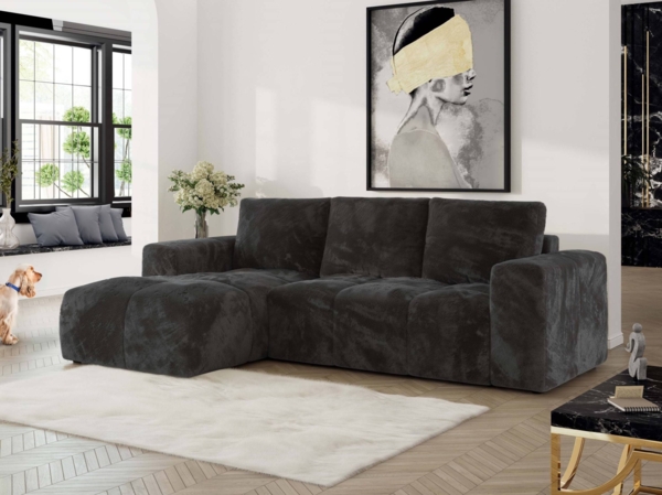 Ecksofa mit Schlaffunktion und Bettkasten, L-form Couch, lose Kissen, Polstersofa - MONIVA - Dunkelgrau Plüsch - linke Seite