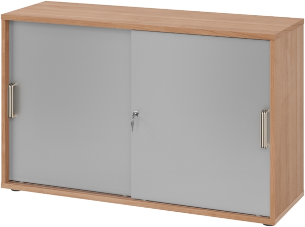 bümö Schiebetürenschrank 2OH - Aktenschrank abschließbar, Sideboard Schrank mit Schiebetüren in Nussbaum/Silber, Streifengriff - Büroschrank aus Holz mit Schiebetür, Büro Kommode für Ordner & Co, 1752S-N-S-SG