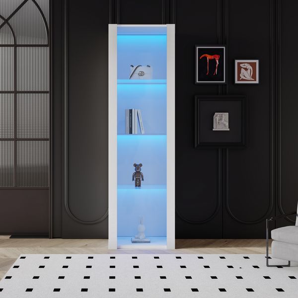 Vitrine, 55x38x166 cm, weiße Hochglanz-Vitrine mit 3 Glasablagen & App-LED