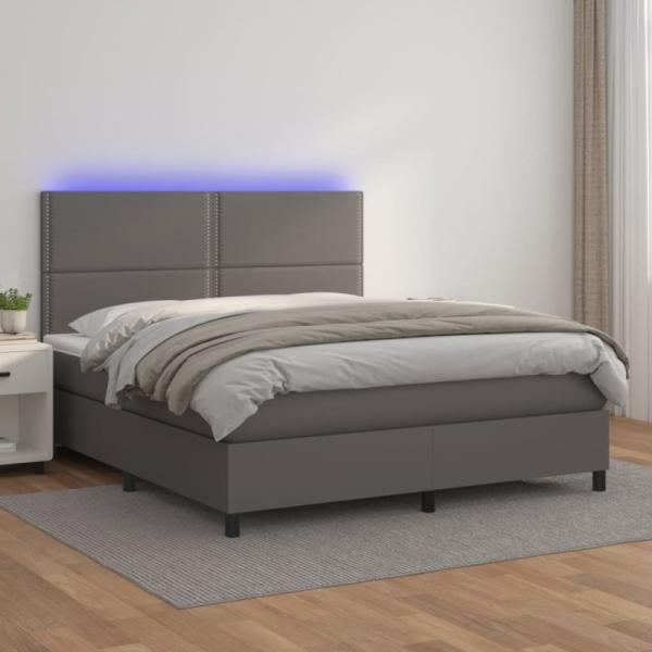 vidaXL Boxspringbett mit Matratze und LED-Beleuchtung, Kunstleder grau, 180x200 cm Bild 2