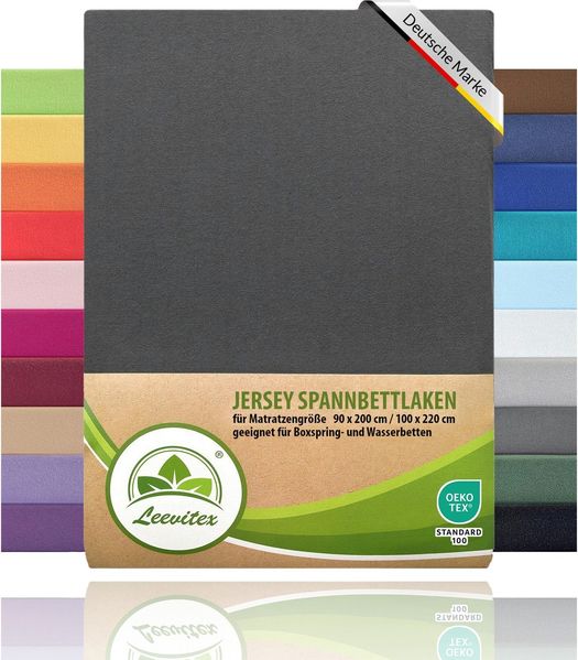 leevitex® Spannbettlaken, Premium 170g/m², Gummizug: rundum, schwer und dick, 100% Jersey-Baumwolle, Anthrazit / Grau, 90 x 200 - 100 x 220 cm