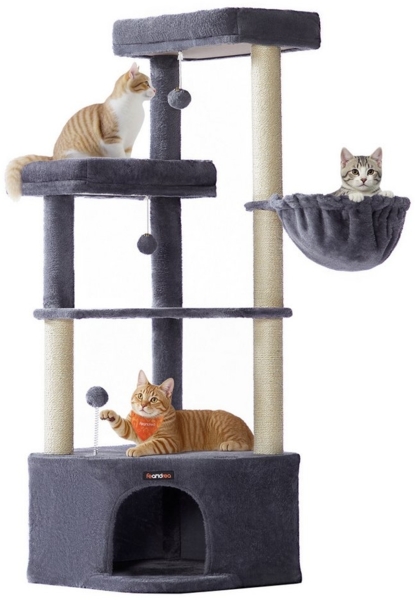 Feandrea Kratzbaum, Katzenbaum, 48,5 x 48,5 x 140,7 cm, Katzenkratzbaum mit großer Kuschelhöhle, großen Plattformen, Plüschbällen, Liegemulde, dukelgrau