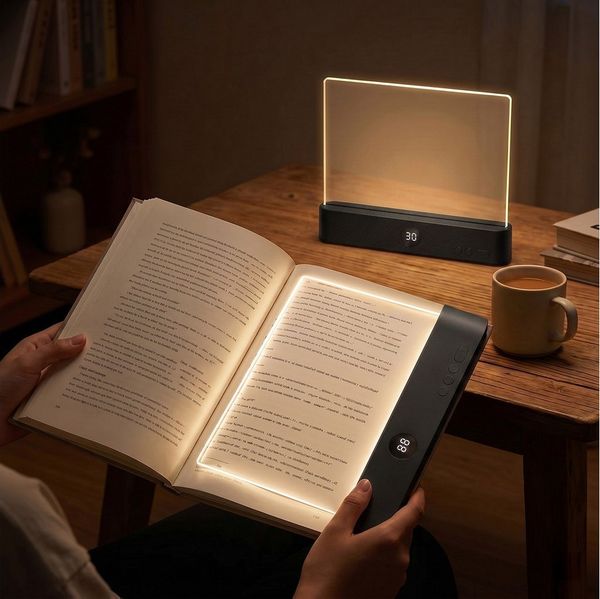 Rosnek LED Leselampe Buchlampe dimmbar mit Timer & 3 Lichtfarben, LED fest integriert, 1200 mAh, transparente Lichtplatte für Bett, Sofa, Büro & Reisen