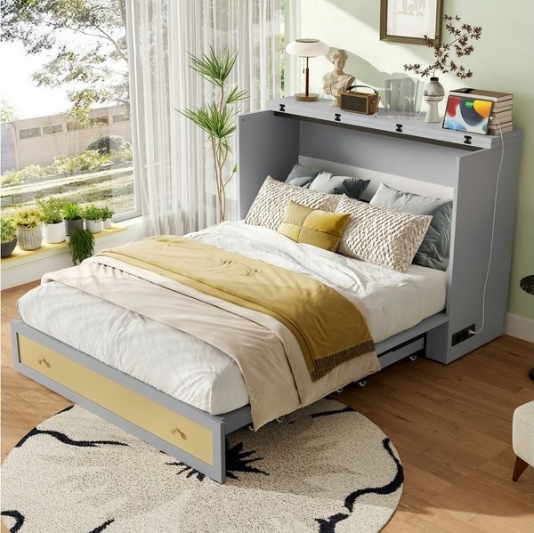 Merax Schrankbett 140x200cm mit USB- & Steckdosenanschluss (ohne Matratze, 1-St, mobil & platzsparend) umbaubares Plattformbett Wandklappbett mit Schublade,Regal am Kopfende