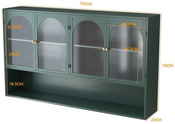 Celya Wandhängeschrank 120 cm vier Türen Glas Wandschrank Aufbewahrung, Wandmontage, geeignet für Küche, Wohnzimmer, Badezimmer, Dunkelgrün