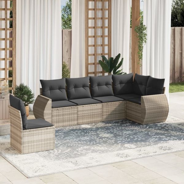 vidaXL 6-tlg. Garten-Sofagarnitur mit Kissen Hellgrau Poly Rattan 3221431