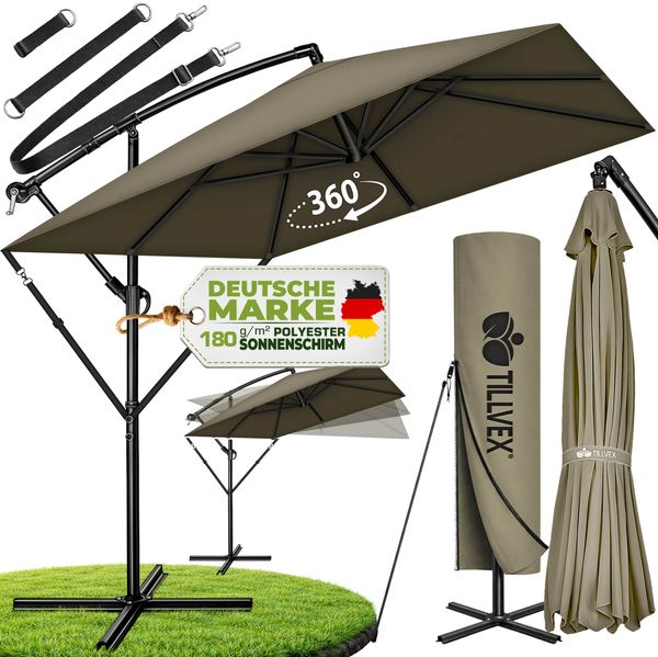 tillvex® Alu Sonnenschirm Rechteckig Ø 330 cm Braun + Abdeckung mit Kurbel | Ampelschirm Eckig mit Ständer & Windschutz | Gartenschirm UV-Schutz Aluminium | Kurbelschirm Marktschirm wasserdicht 360° drehbar