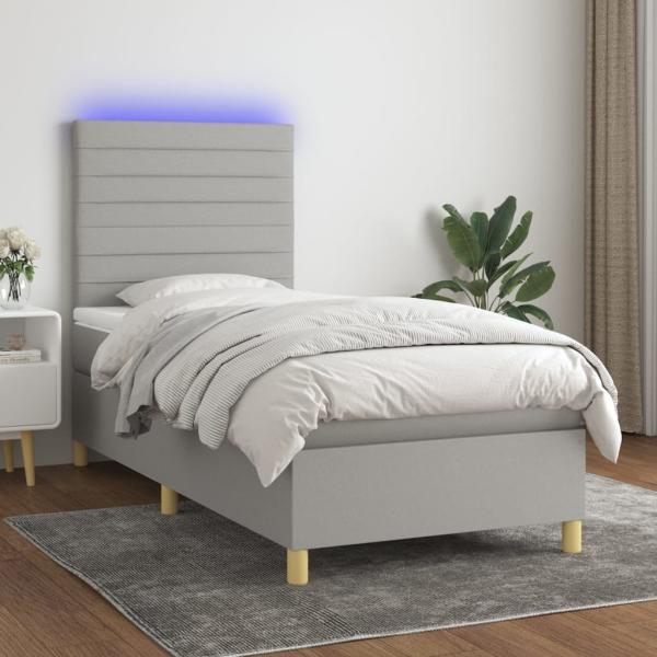 vidaXL Boxspringbett mit Matratze & LED Hellgrau 100x200 cm Stoff 3135493