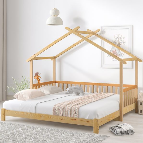 Ausziehbett 90/180×200 cm Hausbett aus Massivholz – erweiterbar, mit dreiseitigem Geländer