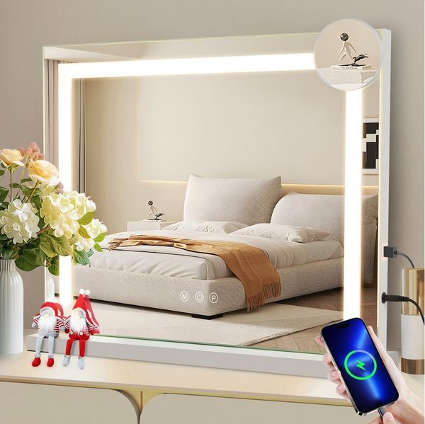 ZMH Schminkspiegel mit Beleuchtung Dimmbar mit 3 Farblichtmodi für Schminktisch (Packung, 1-St, 1*Schminkspiegel mit Beleuchtung), Weiß USB Anschluss 5 Facher Vergrößerun für Ankleidezimmer