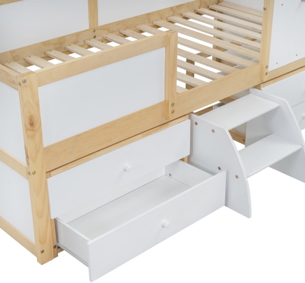 Halbhohes Hausbett Kinderbett 90x200 mit Schubladen Treppe Fenster Design weiß natur Kiefer MDF Stauraumbett Spielbett Bild 9