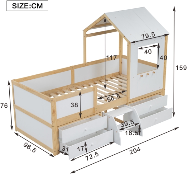 Halbhohes Hausbett Kinderbett 90x200 mit Schubladen Treppe Fenster Design weiß natur Kiefer MDF Stauraumbett Spielbett Bild 8