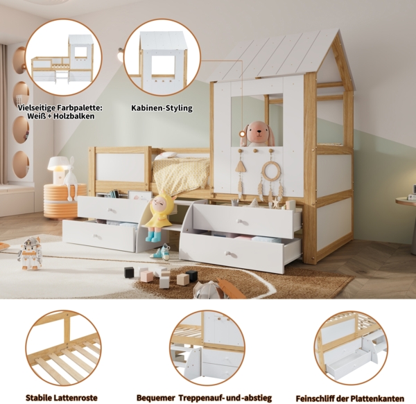 Halbhohes Hausbett Kinderbett 90x200 mit Schubladen Treppe Fenster Design weiß natur Kiefer MDF Stauraumbett Spielbett Bild 7