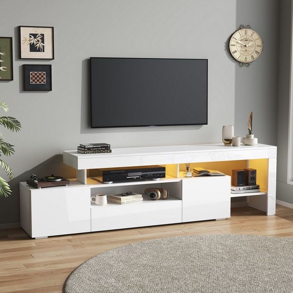 KLAM HOME Lowboard 192*37*53cm TV schrank mit 3 schränke (Fernsehschrank Mit LED, Hochglanz Lowboard und Fernsehtisch), TV-Board und TV-Kommode Geeignet für Fernseher um 85 Zoll, Weiß