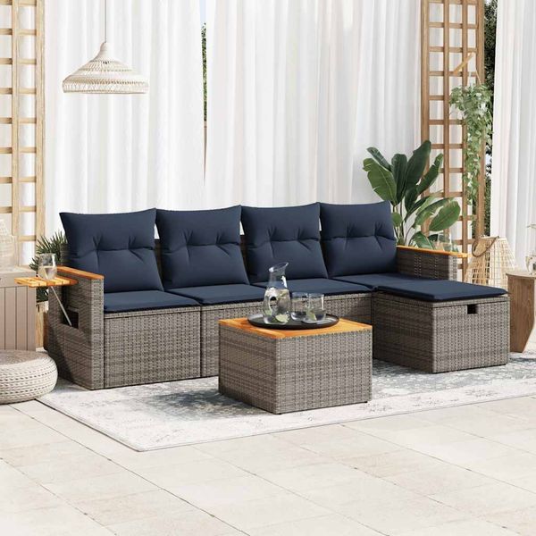 vidaXL 6-tlg. Garten-Sofagarnitur mit Kissen Grau Poly Rattan 3325967