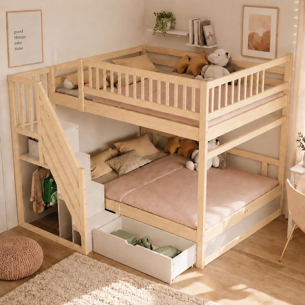 Massivholz-Etagenbett 140*200cm, Mit Hohem Sicherheitsgitter, Mit Lattenrost, Sicherheitsleiter mit Stauraum, Mit Stauschubladen, Kinderbett Junior Doppelbett, Holzfarbe