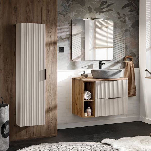Lomadox Badmöbel-Set ADELAIDE-56-CASHMERE, (Spar-Set, 3-St, Hochschrank Waschtisch LED-Spiegel), 80cm Waschtisch mit Aufsatzbecken, kaschmir und Eiche