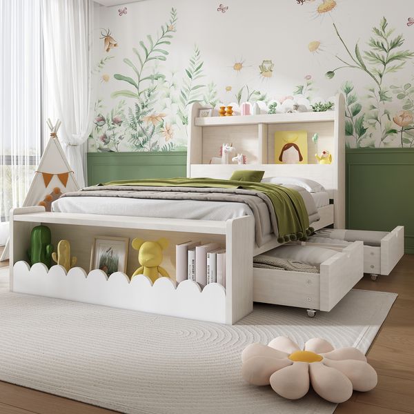 Kinderbett Massivholz/MDF mit Schubladen & Regal, 230x98x100 cm, Weiß/Eichefarben, ohne Matratze