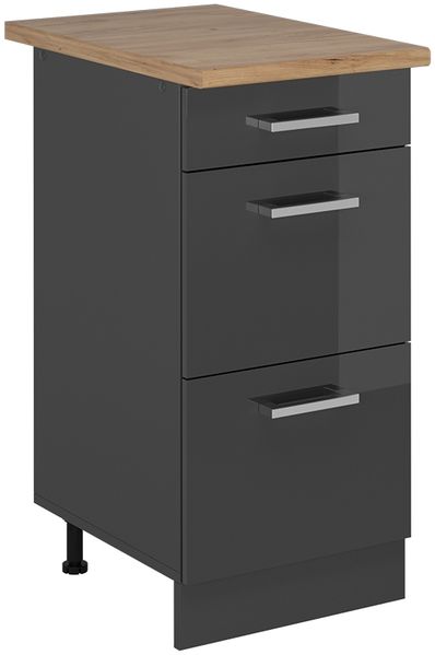 Küchenunterschrank R-Line Anthrazit Hochglanz 40 cm mit Schubladen, AP Eiche Vicco