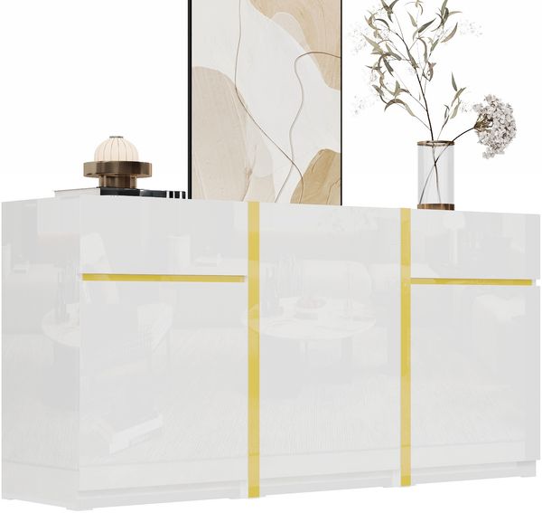 Luxuriöses Sideboard, Hochglanzlackierung, moderner Aufbewahrungsschrank, drei Türen und zwei Schubladen, geeignet für Wohnzimmer, Esszimmer und Eingangsbereich; minimalistisches Möbelstück.