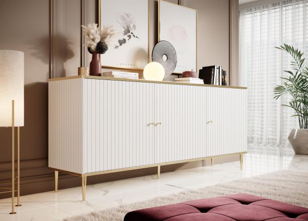 Domando Sideboard Cannobio Klassisch Breite 180cm, Griffe und Füße aus Metall, gebürstete Metallkante in Gold, gefräste Fronten in Weiß Matt