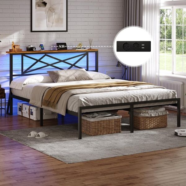 MSMASK Metallbett mit LED-Beleuchtung, Steckdose und 2 USB-Anschlüssen (Ohne Matratze), Bettgestell 120x200 cm in Braun mit Metall-Lattenrost