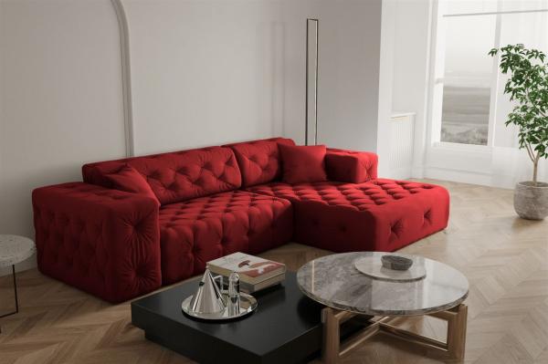 Ecksofa Designersofa CHANTAL in Stoff Opera Velvet Rubinrot Ottomane Rechts