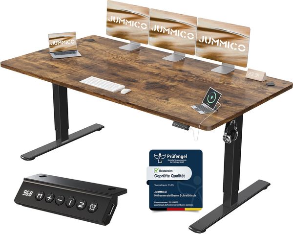 JUMMICO Schreibtisch elektrisch höhenverstellbar mit USB-Ladeanschluss, Braun, 180x80 cm