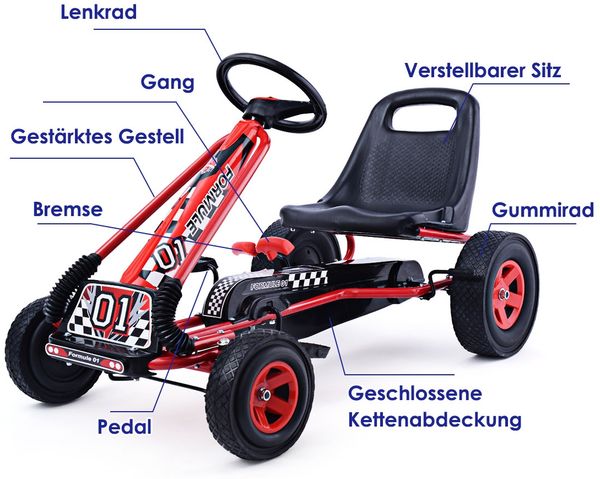 Pedal Gokart Racing Kinderauto Pedalfahrzeug Tretauto Gocart Sitzaußen-rot