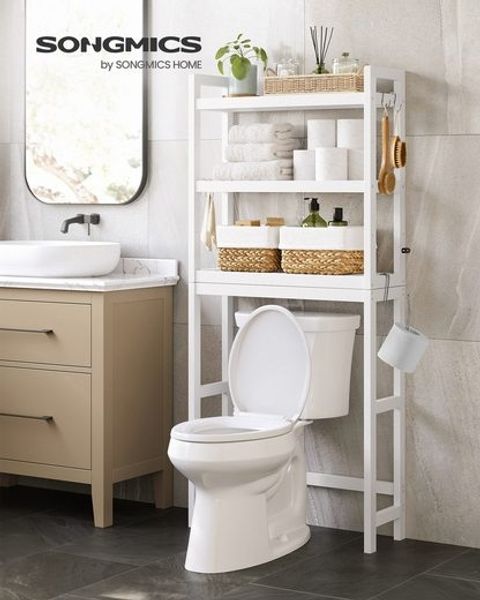 Toilettenregal, Badezimmerregal, Waschmaschinenregal,3-stöckiges Badregal aus Bambus, verstellbar, multifunktional, statische Belastbarkeit 15 kg pro Ebene, einfache Montage, weiß BTS01WT