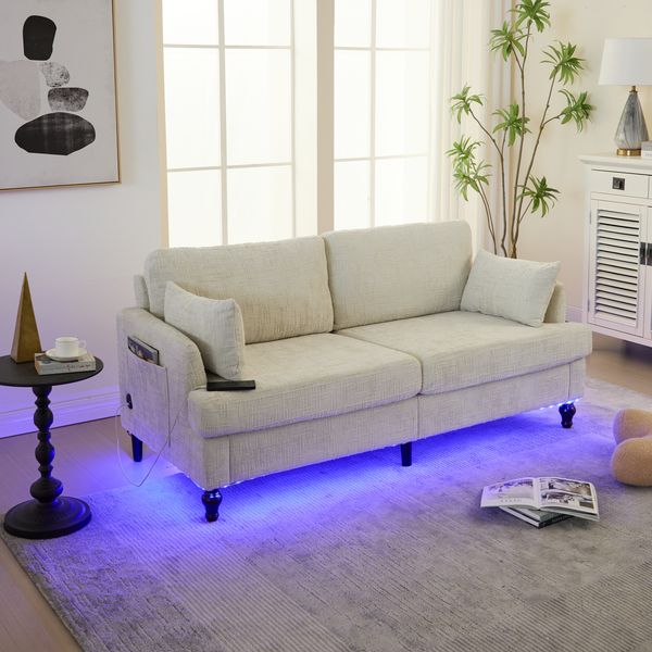 2-Sitzer Sofa Chenille mit USB-Anschluss, LED-Beleuchtung & Seitentasche, 175x83x78 cm, Beige