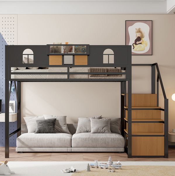 Hochbett 140x200 cm mit Stauraumleiter und Ablage – Metallbett in Schwarz