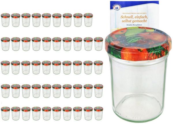 MamboCat Einmachglas 50er Set Sturzglas 230 ml HOCH To 66 Obst Dekor Deckel incl Rezeptheft, Glas