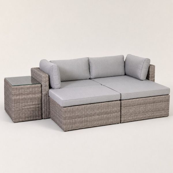 Greemotion Gartenlounge-Set Rattanlounge Olea 5-teilig. Loungeset Rattan mit Auflagen & Glastisch