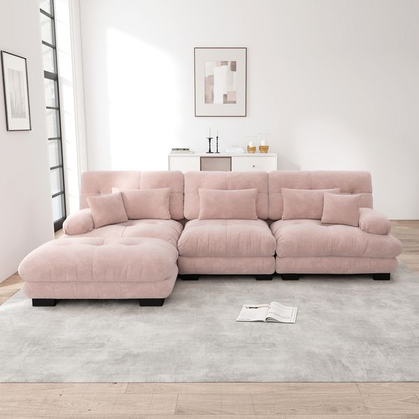 3-Sitzer-Sofa 313×145×81 cm aus Chenille modular mit 1 Ottomane, rosa