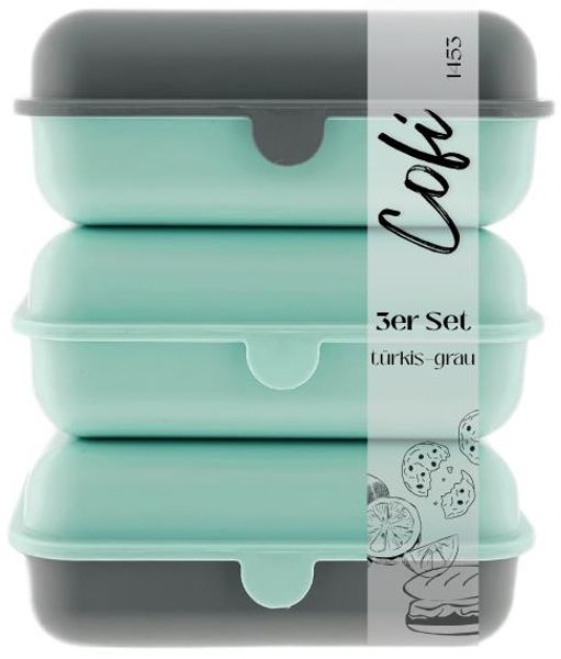 Cofi Brotdosen 3er-Set – Lunchbox / Frühstücksbox – BPA-frei, spülmaschinenfest, stapelbar, 1600 ml Türkis-Grau