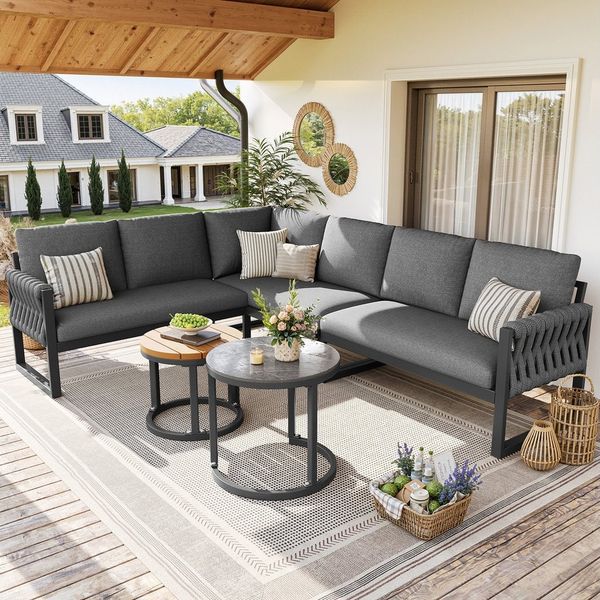 Celya Gartenlounge-Set Gartenmöbel Set mit Esstisch, für Balkon Garten Terrasse, (mit verstellbare Beine, wasserabweisenden, Gartenlounge Set für 5-6 Personen, mit abnehmbaren Kissen), inklusive aller Sitz- und Rückenkissen, grau