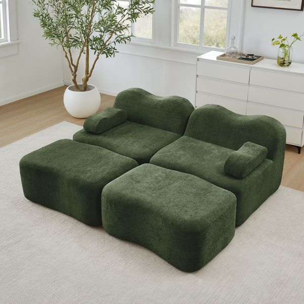 Ecksofa modular in Gruen, Samtbezug, rahmenloses Komfortsofa mit 2 Hockern und flexibler Wohnlandschaft,70x192x167 cm