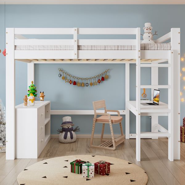 Hochbett, Kinderbett mit Schreibtisch, Schubladenschrank und Aufbewahrungsregal, vierstufige Leiter, Kiefernholz und MDF, Weiß, 90 x 200 cm