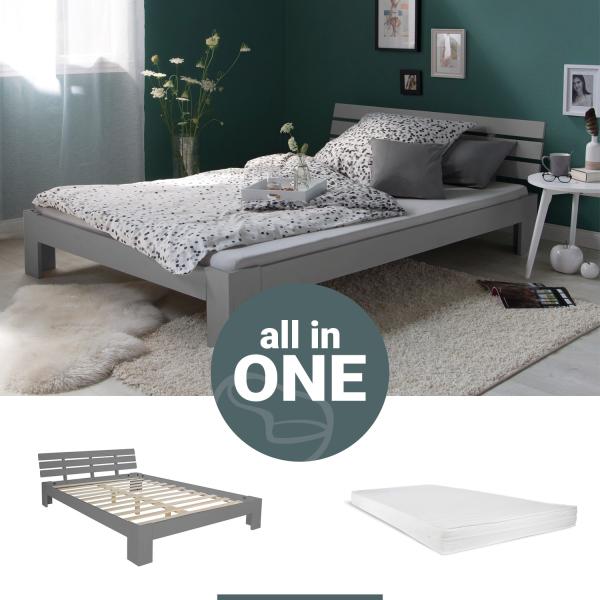 Homestyle4u Futonbett, massives Kiefernholz, Grau, 120x200 cm, mit Matratze