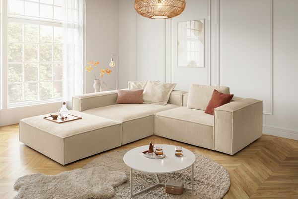 KAWOLA Sofa CARMO Ecksofa Stoff beige mit Hocker Recamiere links 68 x 191 x 306 cm