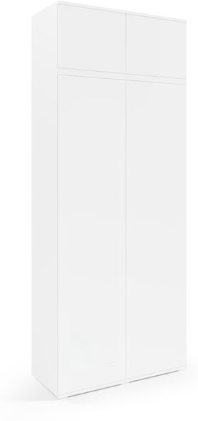 Kleiderschrank 90 cm Modulo 2-türig und Schrankaufsatz, Mehrzweckschrank, Weiß, Push-to-Open-System, Modernes Design, 225 x 40 x 90 cm
