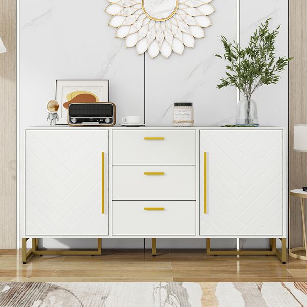 Sideboard weiß mit Fischgrätenmuster, 145x40x75 cm, 2 Türen & 3 Schubladen
