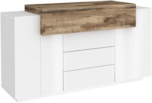 Dmora Kommode Arbon, Küchen-Sideboard mit 3 Türen und 3 Schubladen, Wohnzimmer-Buffet, 100 % Made in Italy, 160 x 45 x 86 cm, glänzendes Weiß und Ahorn,
