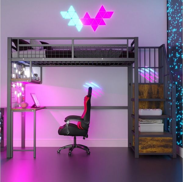 Merax Hochbett 90×200cm mit LED-Licht & Steckdosen (Etagenbett Jugendbett Loftbett Einzelbett, 1-St) Metallbett Kinderbett mit Stauraumtreppe Kleiderschrank Ablageflächen